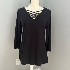 INC International Concepts Black Crisscross V-Neck Blouse